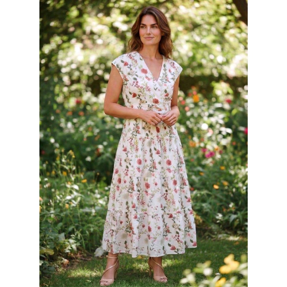 Floral Cotton Maxi Dress Womens Small‎ Plum and Cream Botanical Smocked Tiered